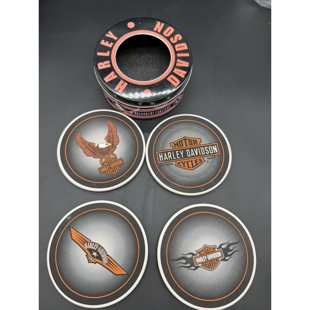 Harley Davidson Coasters Set of 4 Absorbent Cork Backed with Storage Tin Black